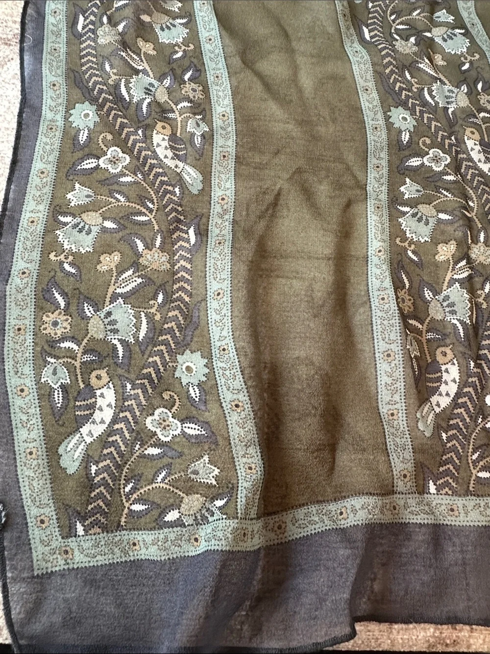 Giorgio Armani Olive Green and Blue Floral Stripe Scarf